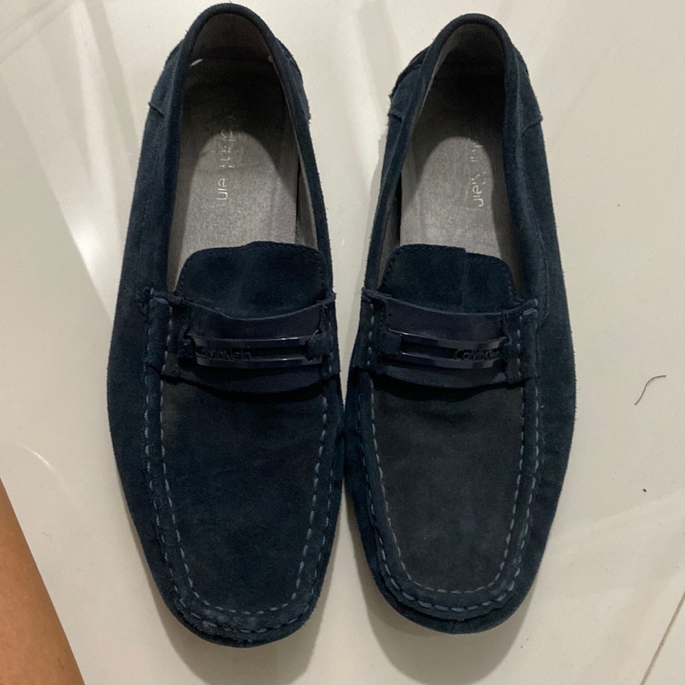 Blue suede Calvin Klein loafers